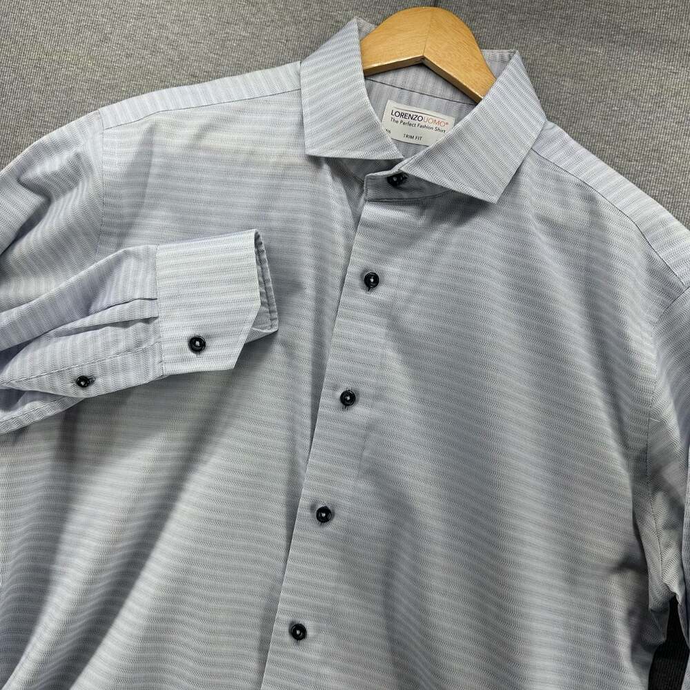 Lorenzo Uomo Trim Fit Men’s Dress Shirt Size 16.5 34/35 Blue Textured Stripe